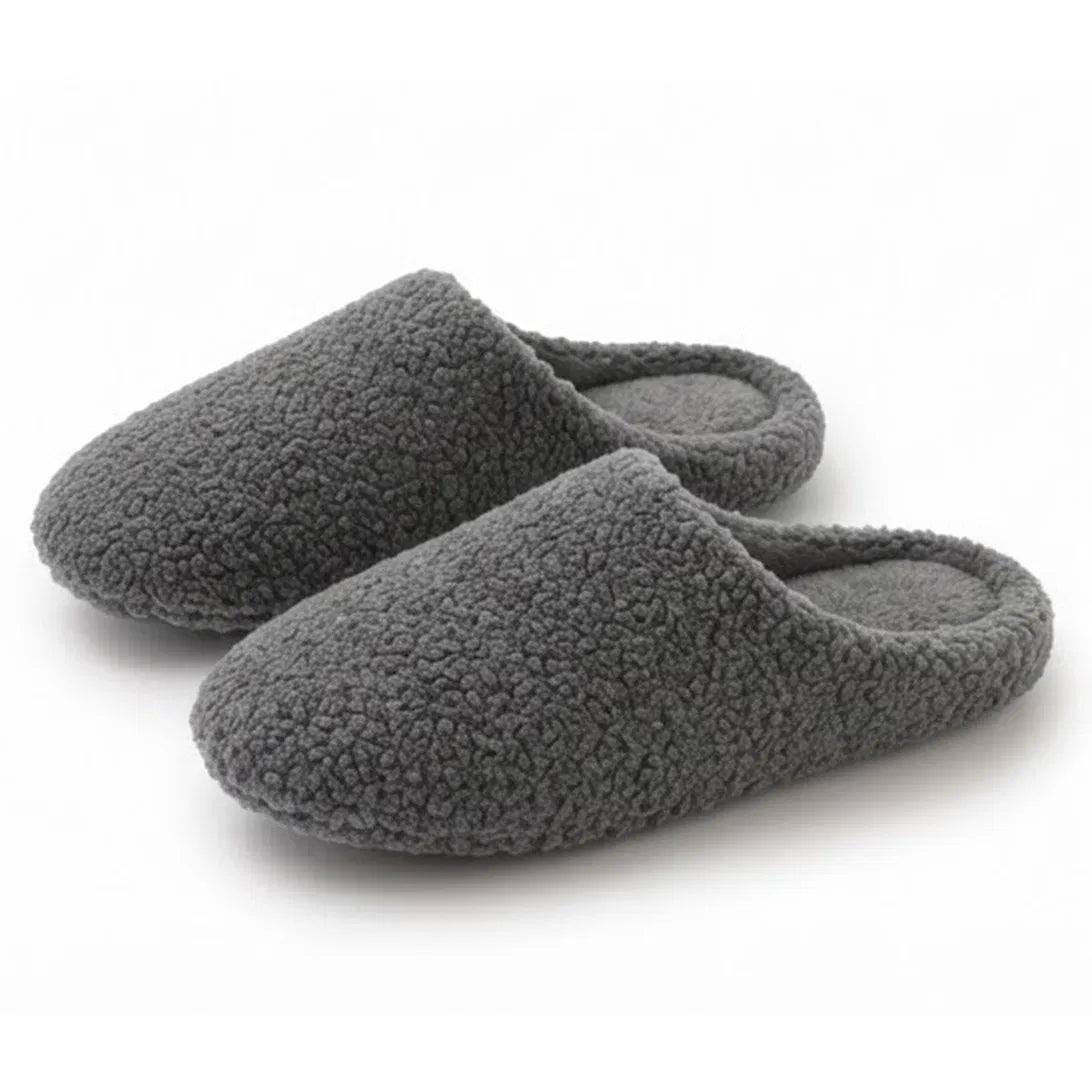 Chaussons bouclette gris ultra doux, pantoufles mules d'intérieur