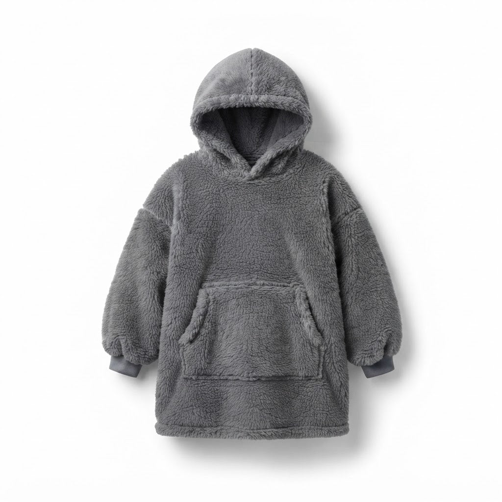 Sweat plaid enfant 6-10 ans oversize gris en sherpa ultra doux