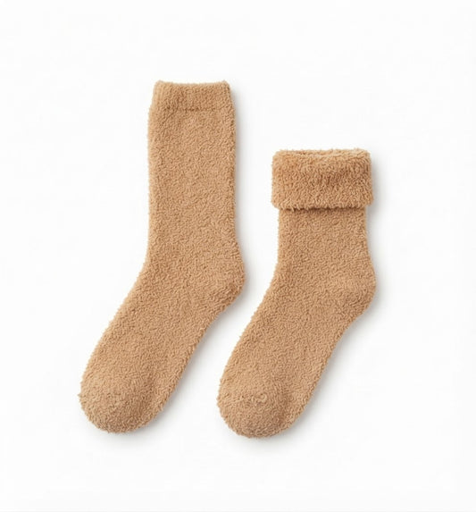 Paire de chaussettes duveteuses camel ultra douces, effet peluche