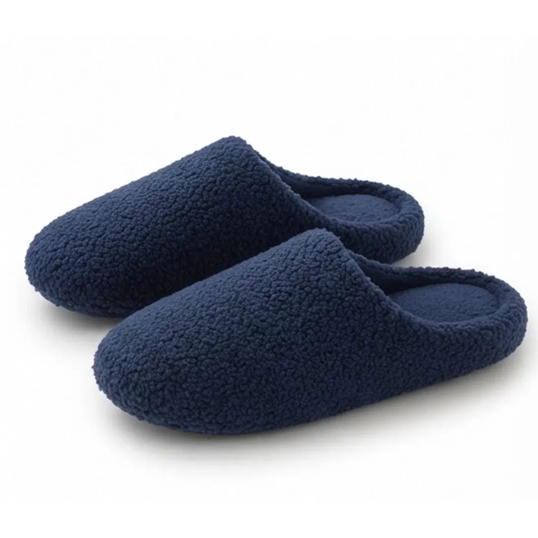 Chaussons bouclette bleu marine ultra doux, pantoufles mules d'intérieur