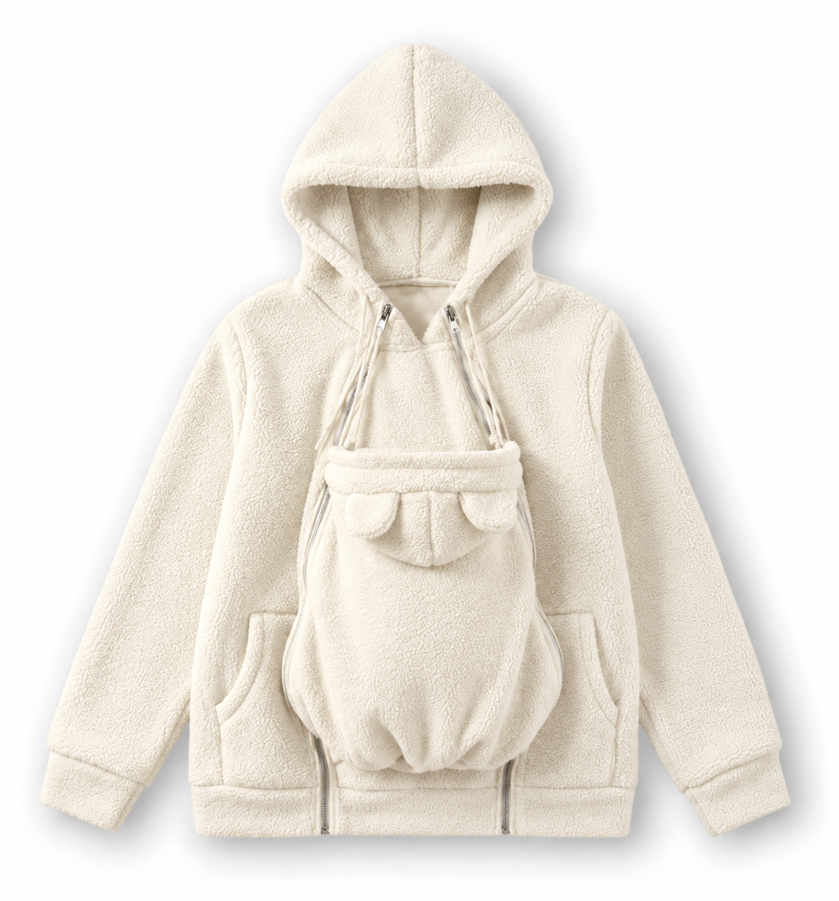Sweat kangourou porte-bébé crème avec poche bébé ventrale à oreilles d'ourson
